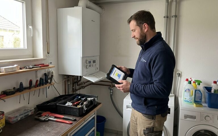 Heizungsinstallateur von Heizung Wolf prüft eine Heizungsanlage