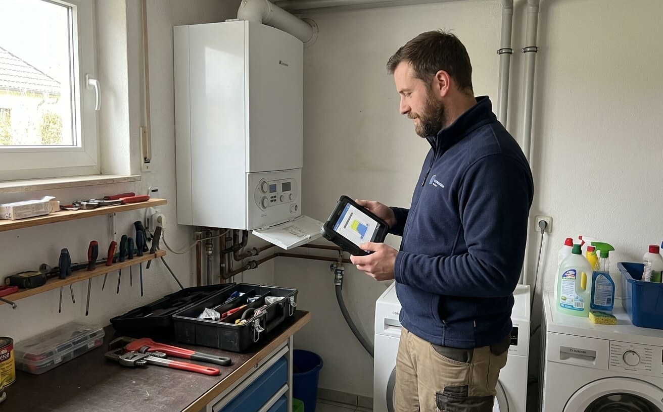 Heizungsinstallateur von Heizung Wolf prüft eine Heizungsanlage
