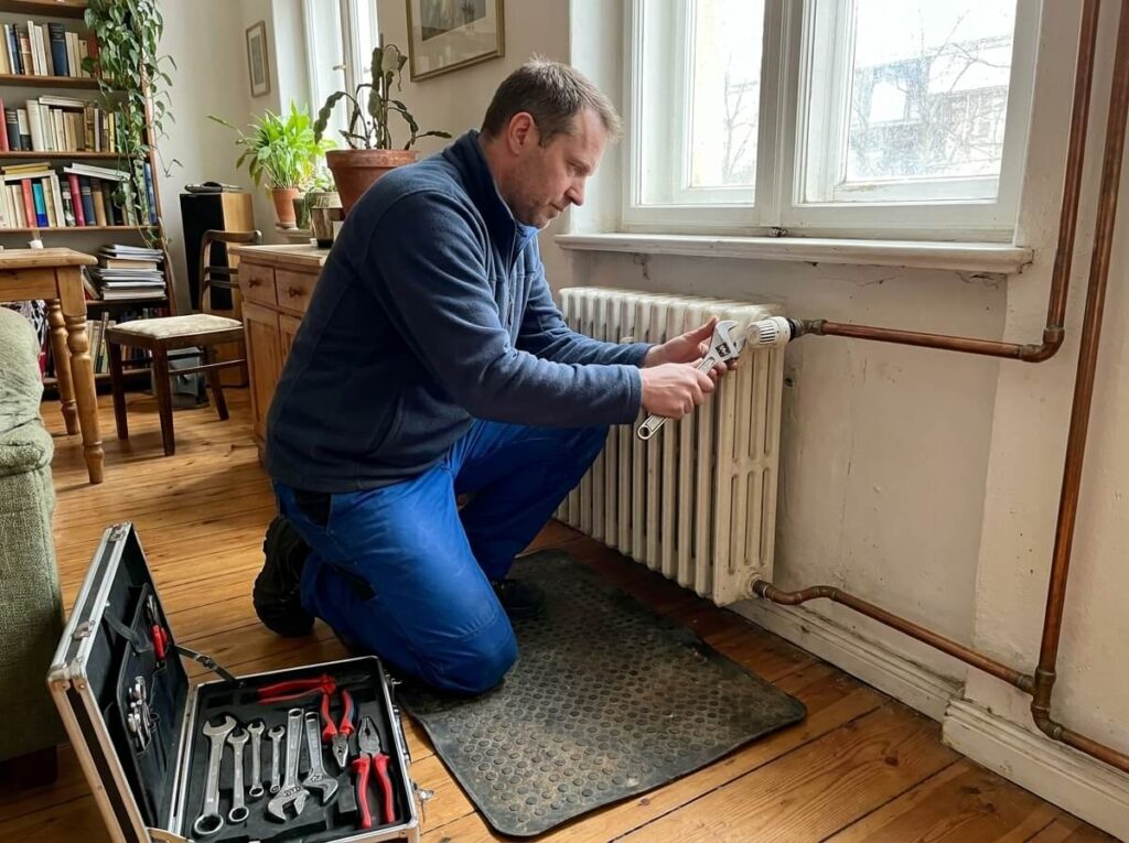 Heizungsinstallateur von Heizung Wolf arbeitet an einer Heizungsanlage