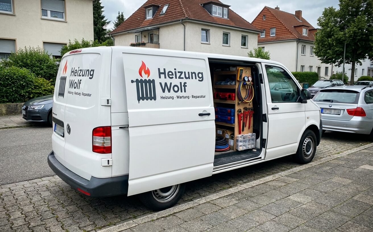 Gebrandetes Servicefahrzeug von Heizung Wolf vor einem Wohngebäude