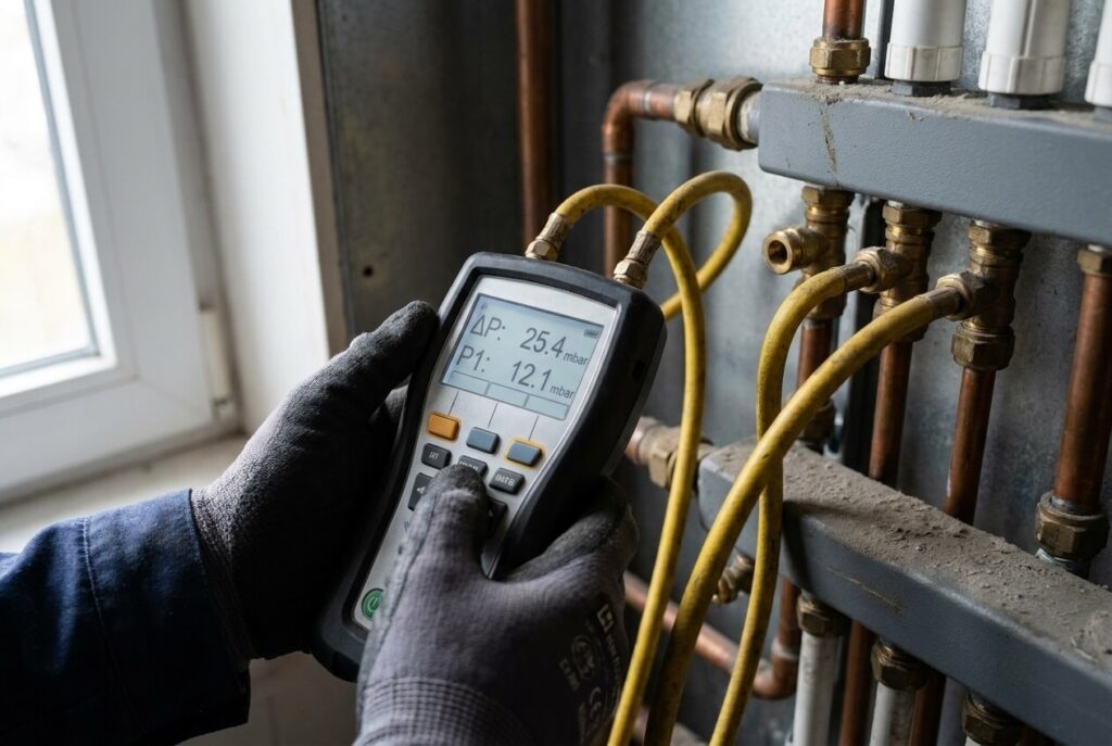 Heizungsinstallateur misst Temperatur und Betriebswerte an Heizungsrohren