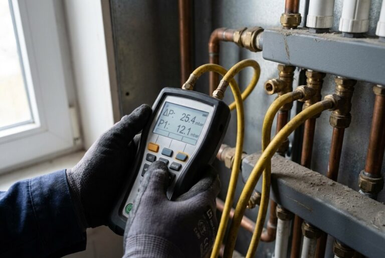 Heizungsinstallateur misst Temperatur und Betriebswerte an Heizungsrohren